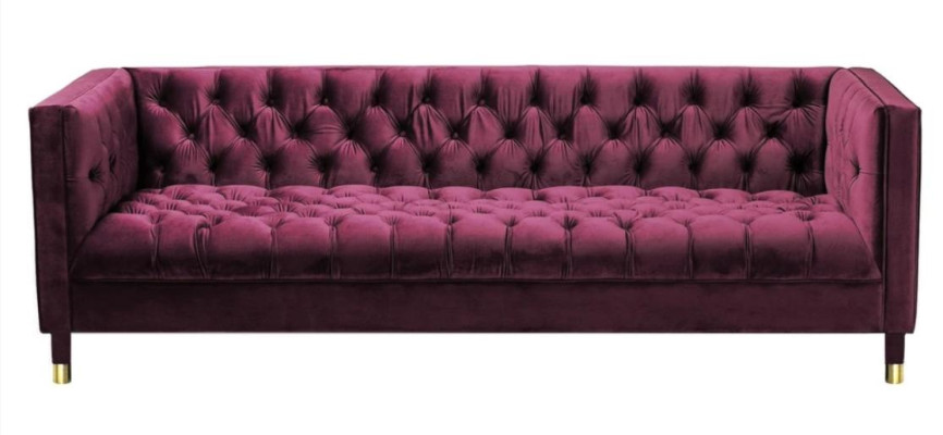 Burgund divano a tre posti in tessuto per il salotto, design Chesterfield, nuovo.