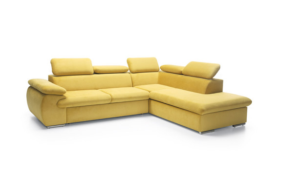 Divano angolare design a L con funzione letto imbottito in tessuto.
