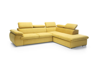 Divano angolare design a L con funzione letto imbottito in tessuto.