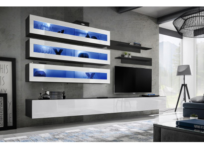 Soggiorno di lusso, mobili da designer, credenza, parete attrezzata, supporto TV, armadio a muro.