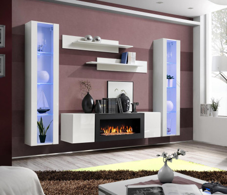 Soggiorno di design moderno di lusso, parete vivente, mensole, credenza.