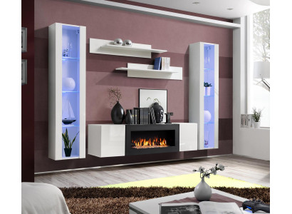 Soggiorno di design moderno di lusso, parete vivente, mensole, credenza.