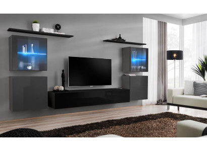 Mobile parete moderna per soggiorno, mensole da parete, credenza, supporto TV, set designer 7 pezzi.