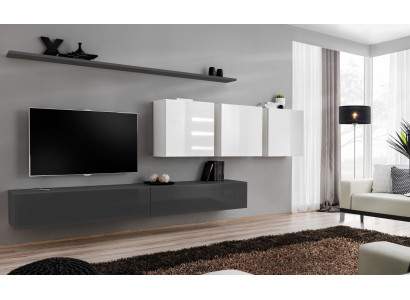 Mobili in legno grigio, parete attrezzata con supporto TV design, credenza lucida, e armadio a parete