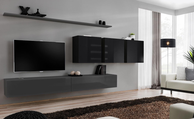 Mobile soggiorno grigio completo 7 pezzi, mobile in legno design credenza libreria a parete.
