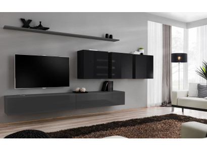 Mobile soggiorno grigio completo 7 pezzi, mobile in legno design credenza libreria a parete.