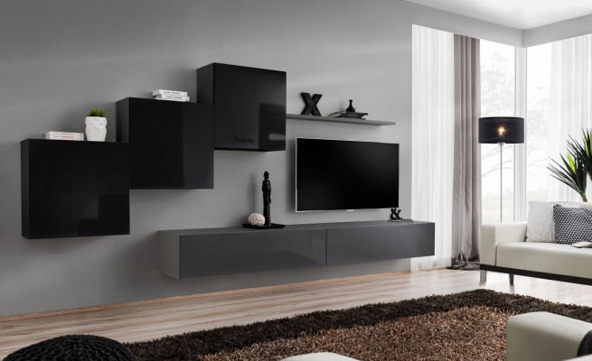 Set soggiorno scaffale da parete porta TV grigio soggiorno lusso design armadio 6 pezzi nuovo.
