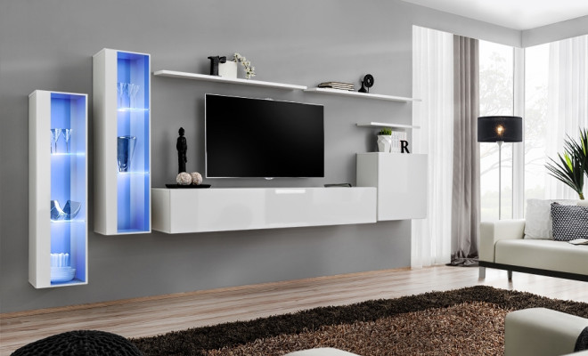 Bianco arredamento completo per soggiorno con supporto TV, design di lusso per soggiorno, armadio a parete.