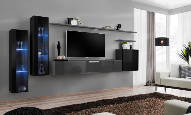 Soggiorno legno completo grigio porta TV design 3x pensile parete attrezzata di lusso