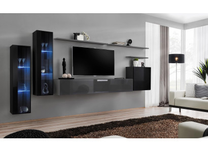 Soggiorno legno completo grigio porta TV design 3x pensile parete attrezzata di lusso