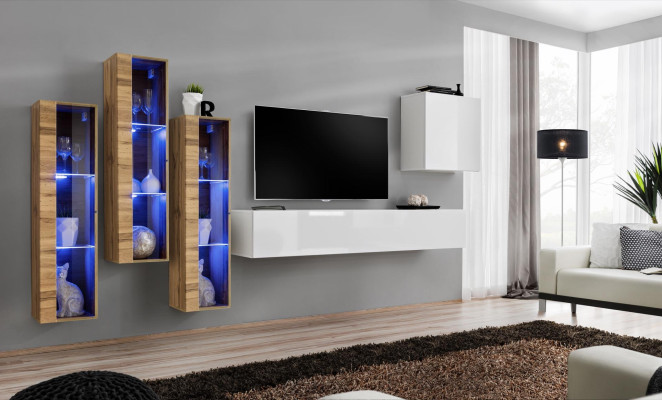 Set completo di arredamento per soggiorno in legno 5 pezzi. Moderno, di design, lucido.