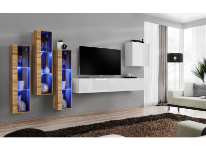 Set completo di arredamento per soggiorno in legno 5 pezzi. Moderno, di design, lucido.
