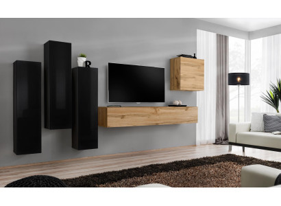 Set completo per il soggiorno nero con mobile TV a parete e armadietto, arredamento di lusso.