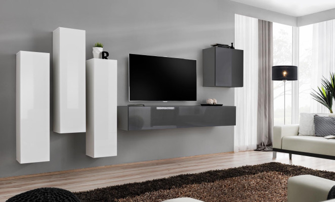 Set da parete soggiorno completo grigio, credenza, supporto TV, armadietto a parete