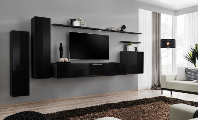 Set completo 7 pezzi Nero Soggiorno Porta TV Soggiorno Mobile a parete design.