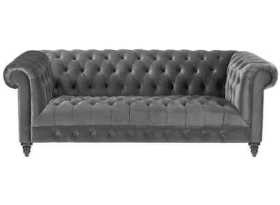 Tre posti grigi in stile Chesterfield in tessuto, nuovi divani imbottiti creativi.