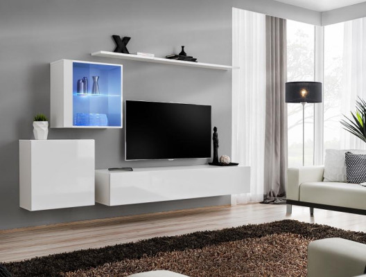 Set completo parete attrezzata con mobile TV laccato lucido lusso credenza bianca nuova design.