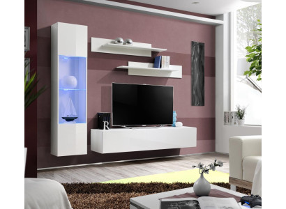 Arredi soggiorno bianco, parete attrezzata designer di lusso, supporto TV, vetrina pensile, mensole.