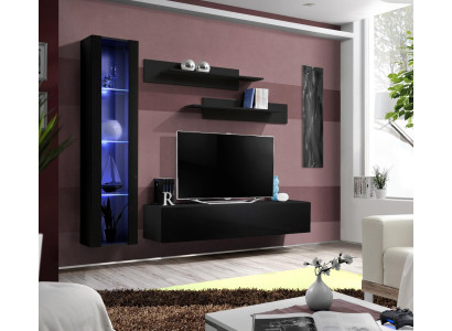 Set completo di mobili per soggiorno neri, parete attrezzata, vetrina pensile di design.