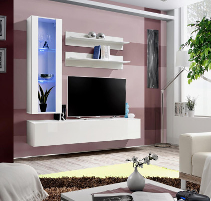 Set di mobili completi da designer per supporto TV, composto da 4 pezzi: mobile basso, mobile sospeso, vetrina.