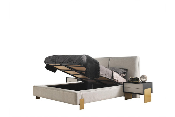 Set da camera da letto di lusso con letto matrimoniale di design, 2 comodini eleganti