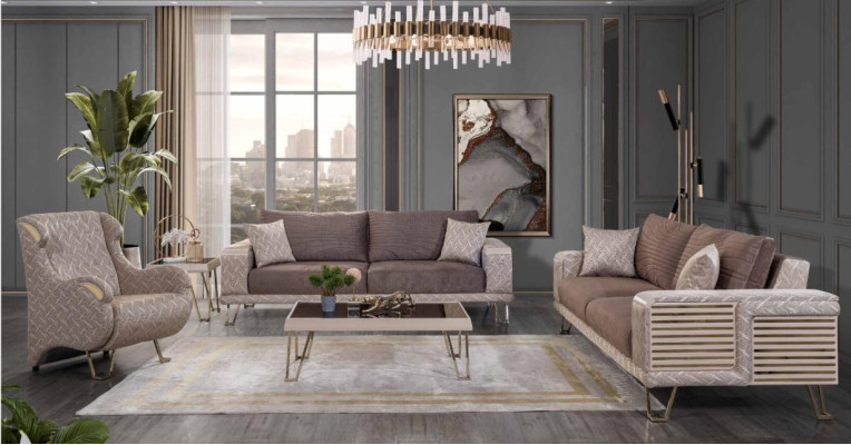 Sofà color marrone-beige 3 + 3 + 1 posti con tavolino da salotto e tavolino auxiliare di design.