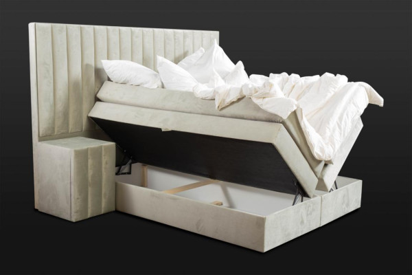 Letto matrimoniale moderno color tortora con 2 comodini, camera da letto, letto boxspring.
