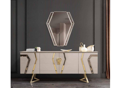Lussuoso comò bianco e dorato con specchio, credenza da designer in legno.