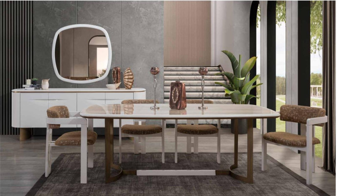 Set sala da pranzo Tavolo da pranzo 4 sedie Comò Specchio Moderno Set Bianco Gruppo da pranzo