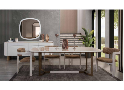 Set sala da pranzo Tavolo da pranzo 4 sedie Comò Specchio Moderno Set Bianco Gruppo da pranzo