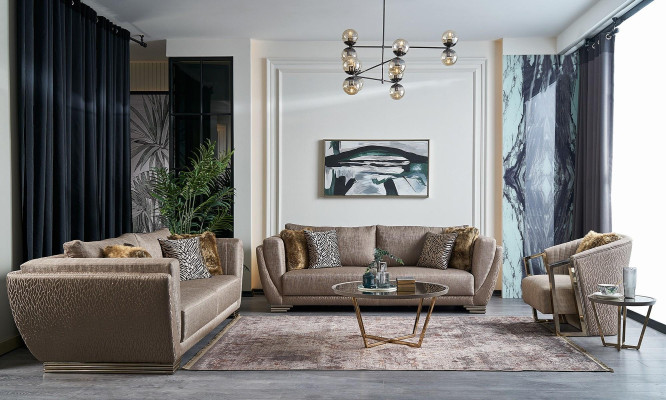 Sofà in tessuto Set di divani a tre posti in marrone, 3 pezzi, moderno