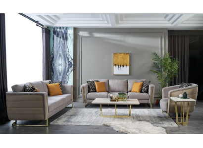 Set di divani in tessuto grigio moderno, composto da 3 pezzi.