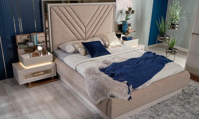 Letto matrimoniale Camera da letto completa Beige 4 pezzi Legno Tavolo per il trucco
