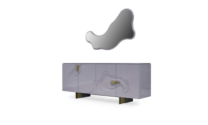 Mobile d'appoggio con specchio in legno rosa per sala da pranzo.