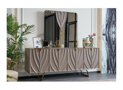 Mobile bar con specchio in legno marrone per sala da pranzo.