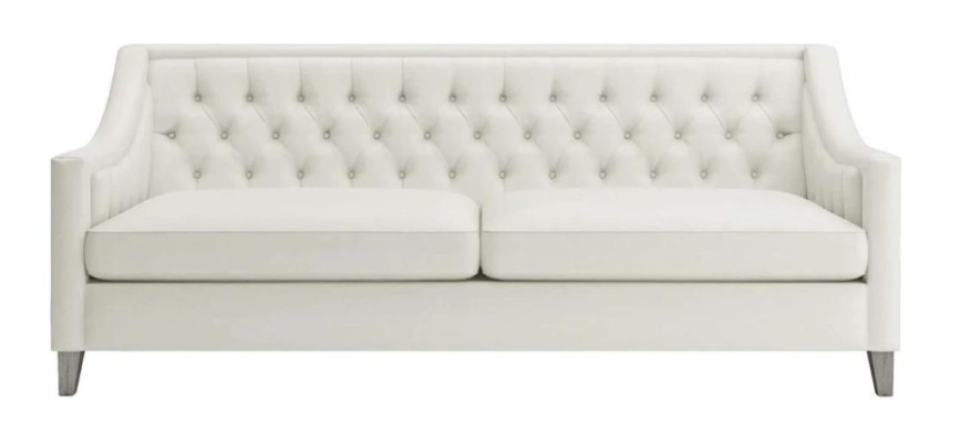 Bianco divano Chesterfield moderno a tre posti in tessuto design, nuovo e originale.