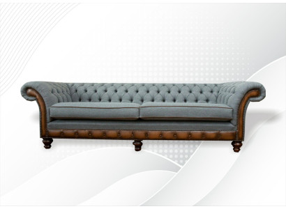 Grande divano a 4 posti Chesterfield in pelle e tessuto grigio