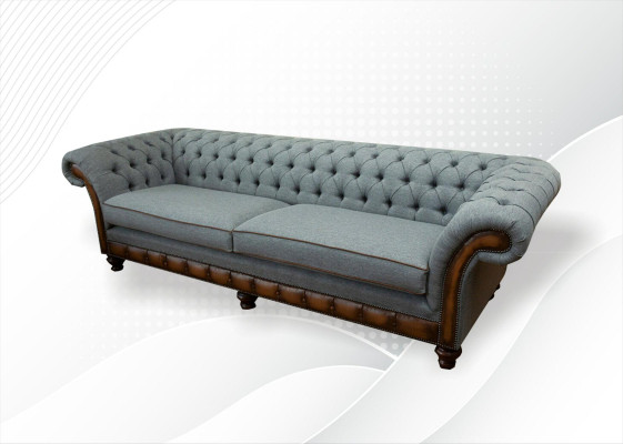 Grande divano a 4 posti Chesterfield in pelle e tessuto grigio