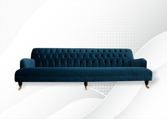 Grande divano Chesterfield 250cm, 4 posti, in pelle e tessuto turchese.