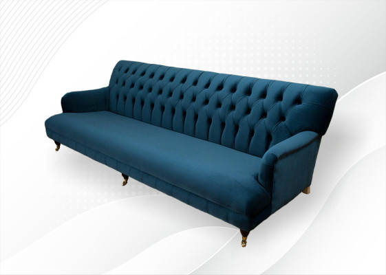 Grande divano Chesterfield 250cm, 4 posti, in pelle e tessuto turchese.