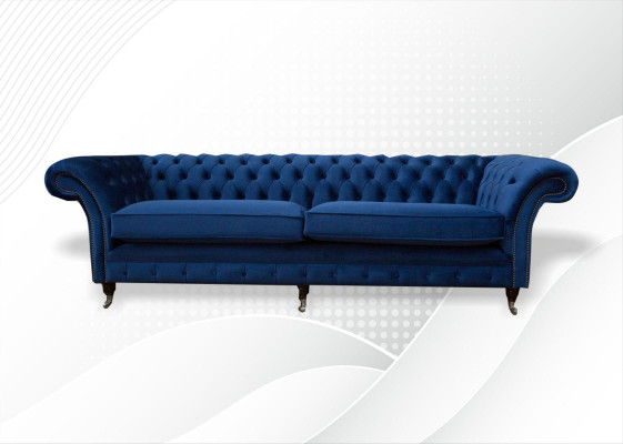 Divano blu xxl Chesterfield 265cm, 4 posti seduta imbottita.