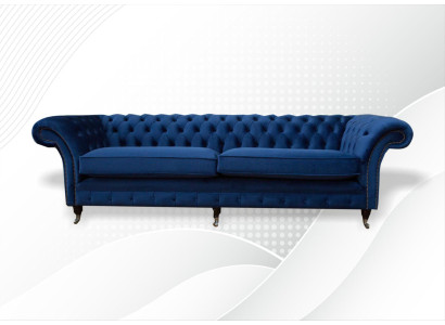 Divano blu xxl Chesterfield 265cm, 4 posti seduta imbottita.