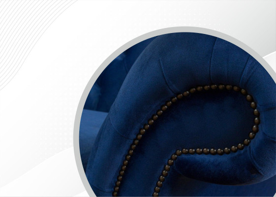 Divano blu xxl Chesterfield 265cm, 4 posti seduta imbottita.
