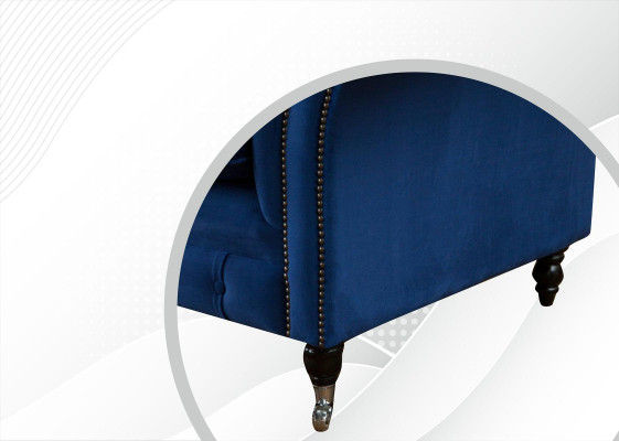 Divano blu xxl Chesterfield 265cm, 4 posti seduta imbottita.