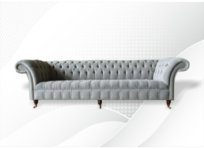 Grande divano Chesterfield grigio 265cm, imbottito, in pelle, 4 posti