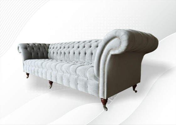 Grande divano Chesterfield grigio 265cm, imbottito, in pelle, 4 posti