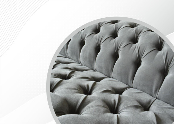 Grande divano Chesterfield grigio 265cm, imbottito, in pelle, 4 posti