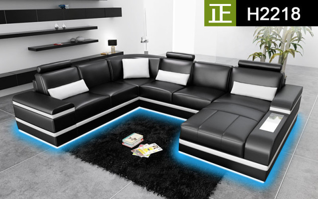 Divano a L in pelle con USB, LED, grande XXL, divano angolare, set di divani a forma di U