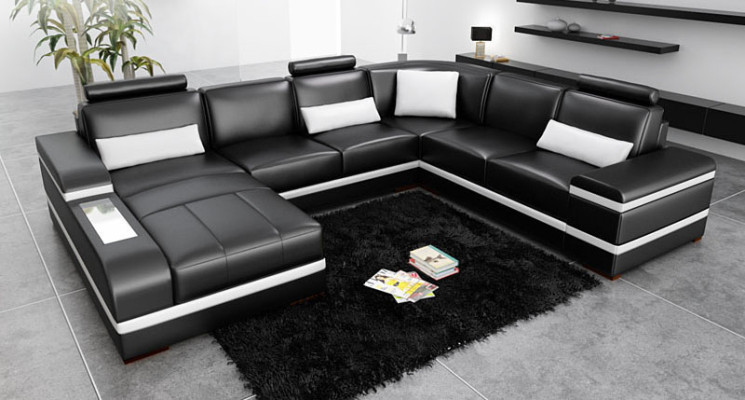 Divano a L in pelle con USB, LED, grande XXL, divano angolare, set di divani a forma di U
