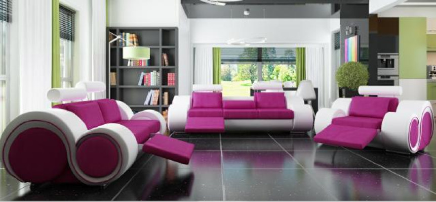 Set di divani in pelle con tessuto per il salotto con divano a 3 posti, 2 posti e 1 posto.